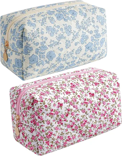 Miniatura 17 de Bolsa de maquillaje de viaje para mujeres y niñas, bolsa de maquillaje con cremallera, flores florales, organizador de maquillaje, bolsa de tela