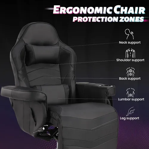 Miniatura 9 de Silla reclinable con altura ajustable, silla de juegos de PU con masaje, reposapiés largo y soporte lumbar, silla giratoria de respaldo alto