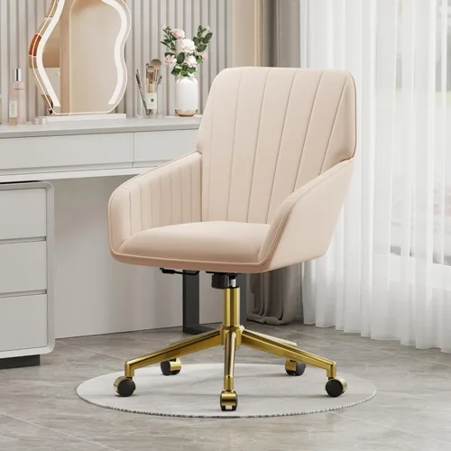 Miniatura 6 de YISHENG - Silla de escritorio de terciopelo con base dorada, con ruedas, silla de tocador tapizada moderna ajustable en altura, giratoria 360 grados