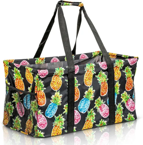 Miniatura 13 de Bolsa de utilidad extragrande Lucazzi - Cesta de lona rectangular plegable reutilizable con marco de alambre con dos bolsillos exteriores