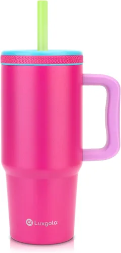 Miniatura 18 de Taza para niños de 24 onzas con asa, tapa de rosca a prueba de fugas con pajita de silicona extraíble, a prueba de derrames, botella aislada