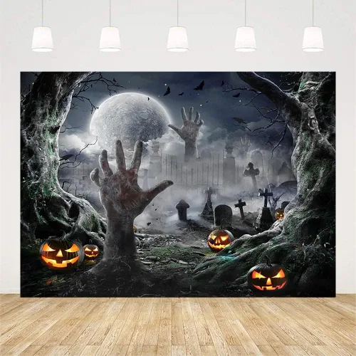 Miniatura 2 de SENDY Telón de fondo de fotografía de Halloween de 7 x 5 pies, suministros de decoración para fiestas de Halloween, noche de niños, luna llena