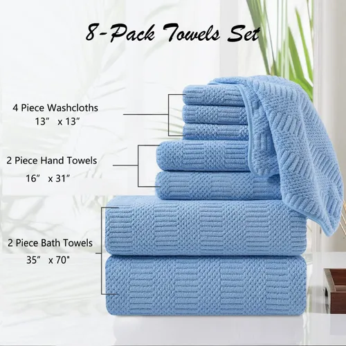 Miniatura 3 de Juego de 8 toallas de baño extra grandes azules - 2 toallas de baño extra grandes, 2 toallas de mano, 4 toallas faciales - 600GSM suaves, altamente