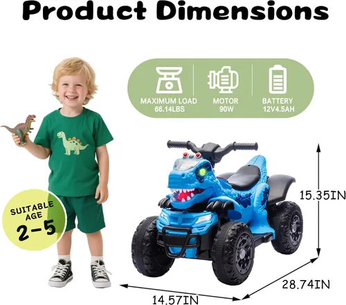 Miniatura 3 de Bluefun Dinosaurio eléctrico de 4 ruedas para montar, ATV para niños, 12V, con música, Bluetooth y luces LED, regalo de cumpleaños para niños de 3