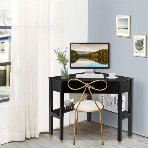 Miniatura 6 de RELAX4LIFE Escritorio esquinero para computadora triangular con cajón y estantes, mesa estable para computadora portátil, escritorio para oficina
