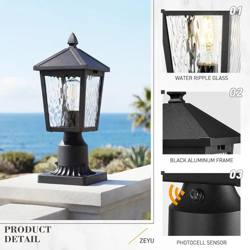 Miniatura 4 de zeyu Lámpara de poste de linterna con sensor de fotocélula, iluminación de poste al aire libre del atardecer al amanecer de 13.7 pulgadas, accesorio