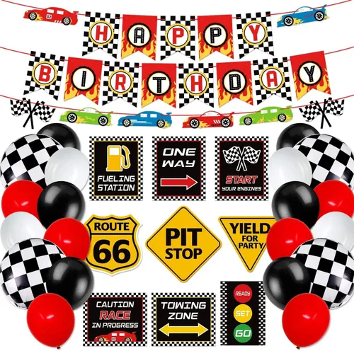 Bessmoso Decoración de fiesta de cumpleaños de coches de carreras, suministros de automóvil, pancarta de feliz cumpleaños, banderas a cuadros,