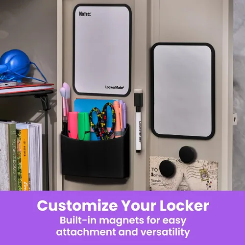Miniatura 5 de LockerMate Kit organizador de casillero de 7 piezas, incluye estante de casillero, espejo, pizarra blanca, taza de almacenamiento y marcador de Negro