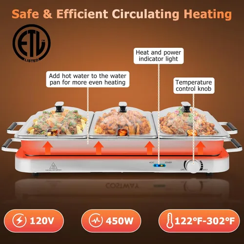 Miniatura 3 de Giantex Servidor de Buffet y Calentador de Alimentos Eléctrico, Bandeja de Calentamiento de Alimentos 2 en 1, Temperatura Ajustable, 3 Bandejas