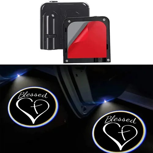 Liuzhi - 2 proyectores para la puerta del automóvil, luz con logotipo de Cruz Bendita y Corazón Cristiano, luces LED de sombra fantasma, universales