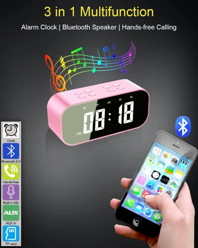 Miniatura 2 de AFK Reloj despertador con altavoz Bluetooth para dormitorio, pequeño reloj digital con doble alarma, repetición, pantalla LED de espejo para niñas