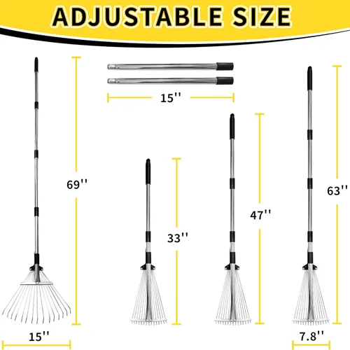 Miniatura 2 de Rastrillo de jardín para hojas, rastrillo de hojas ajustable de metal resistente para césped, mango largo de 33 a 69 pulgadas con cabeza expandible