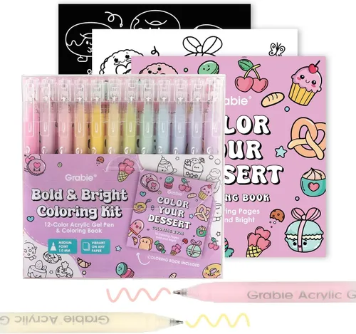 Grabie Bolígrafos de gel acrílico de 12 colores y libro para colorear, bolígrafos de gel de colores de punta media, bolígrafo de tinta de gel