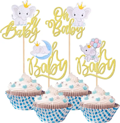 Miniatura 11 de Paquete de 24 decoraciones para cupcakes de elefante Oh Baby con purpurina para decoración de cupcakes de elefante Oh Baby Baby para cumpleaños