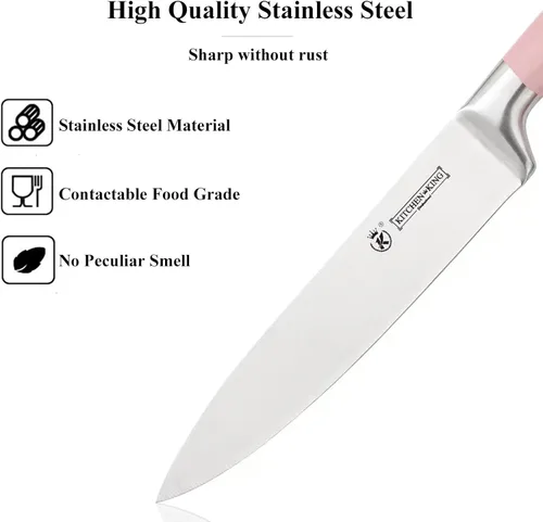 Miniatura 3 de Juego de cuchillos de cocina rosados, 9 piezas, antiadherentes, afilados, de acero inoxidable de alto carbono con bloque acrílico, perfecto