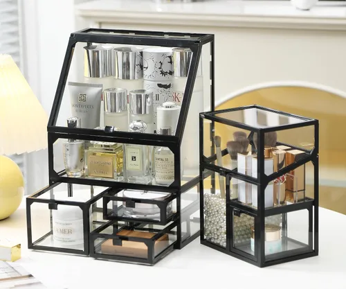 Miniatura 4 de MOOCHI Organizador de maquillaje negro de 3 piezas para Vantity, vidrio, organizador de cuidado de la piel, cajones, organizador de cepillos