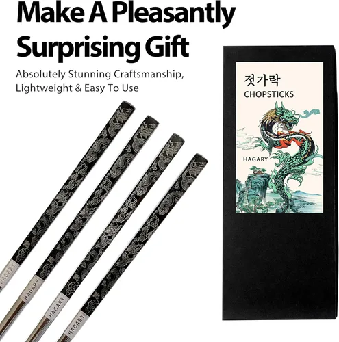 Miniatura 4 de Hagary Palillos de Dragón de Metal Reutilizables Diseñados en Corea Estilo Japonés de Acero Inoxidable 316 18/10 Antideslizantes 2 Pares Aptos