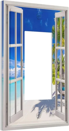 Miniatura 90 de Vista de ventana, isla tropical, playa, palmeras, cielo soleado, cubierta de interruptor de luz de palanca individual, placa decorativa de pared
