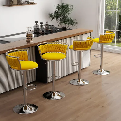 Miniatura 37 de Juego de 2 taburetes de bar giratorios de 360°, silla de bar de terciopelo ajustable a altura de mostrador moderna, taburete de metal plateado