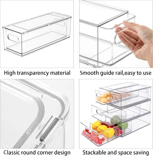 Miniatura 5 de Cajón apilable para nevera con asas, paquete de 3 recipientes grandes transparentes para alimentos con divisores extraíbles, caja de almacenamiento