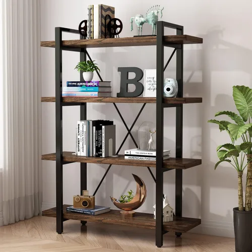 Miniatura 8 de Estantería de 3 niveles moderna rústica abierta, estantería de oficina de madera maciza, estanterías de madera y metal, unidad de estanterías