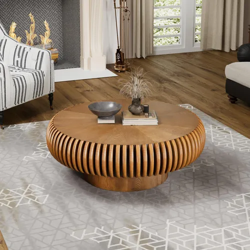 Miniatura 7 de Mesa de centro de tambor de 31.5 pulgadas, moderna y única, mesa de té acanalada, mesa de centro redonda de madera contemporánea con mesa central