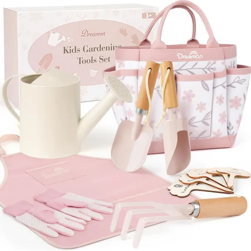 Juego de jardinería para niños, kit de herramientas de jardinería para niños pequeños, incluye bolsa de mano, delantal, guantes, regadera, pala, Rosa