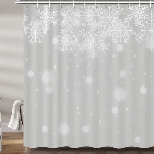 DYNH Juego de cortinas de ducha con fondo de Navidad, diseño de copo de nieve blanco y plateado, cortinas de baño de tela de alta calidad,
