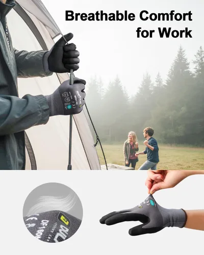 Miniatura 6 de DULFINE Safety Work Gloves for Men & Women, MicroFoam Nitrile Coated Nylon Black Grip for General Purpose, 3/6/12/36 Pairs Gris