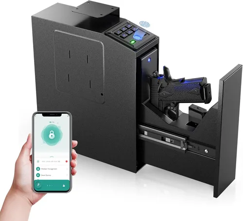 Caja fuerte para armas, caja fuerte biométrica para pistola, acceso rápido de 4 maneras con huella digital, código PIN, llave, aplicación, pistola