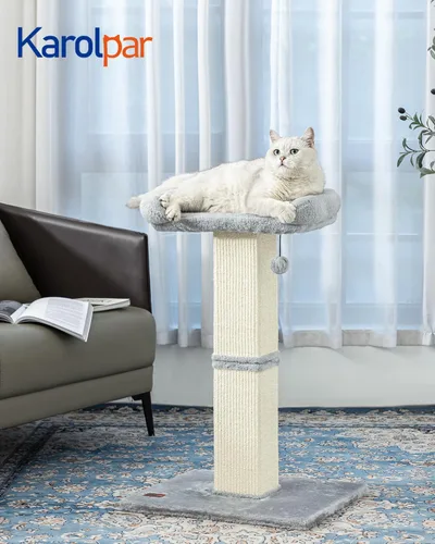 Miniatura 2 de Karolpar Rascador de gato de 32 pulgadas para gatos de interior, rascador de sisal para gatos con percha de felpa, poste grande para rascar con Gris