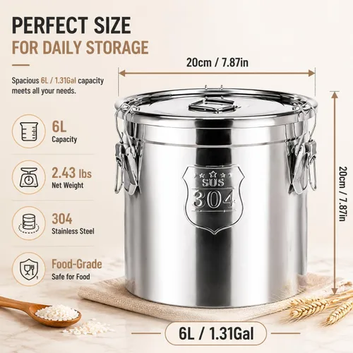 Miniatura 3 de Recipiente hermético de acero inoxidable de 12L/2.64 galones, recipientes de almacenamiento de alimentos con tapa hermética y abrazadera de bloqueo