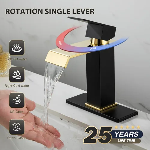 Miniatura 2 de Grifo de lavabo de baño, color negro y dorado, estilo cascada, fabricado en SUS304 de acero inoxidable, maneta única, montaje en cubierta adecuado