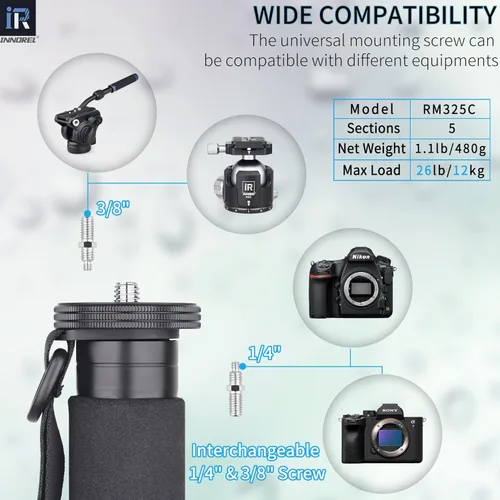 Miniatura 2 de Cámara de fibra de carbono Monopod INNOREL RM325C Profesional Portátil Compacto Ligero Viaje Monopod de 5 secciones para Canon Nikon Sony DSLR