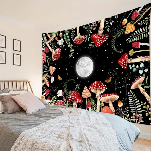 Miniatura 12 de HVEST Tapiz retro rojo de hongos para colgar en la pared, diseño floral rosa con fresa y mariposa en beige, tapiz para dormitorio, flores, plantas