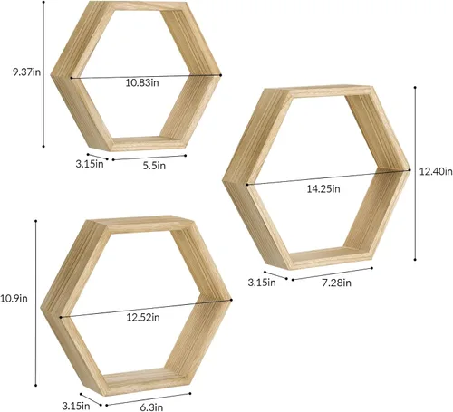 Miniatura 3 de YBING Estantes flotantes hexagonales montados en la pared de madera de granja de almacenamiento de nido de abeja, juego de 6 estantes hexagonales