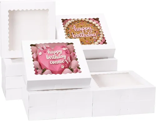 Moretoes 25 cajas para tartas, cajas de panadería blancas de 12 x 12 x 2.5 pulgadas con ventana, cajas de galletas emergentes automáticas para