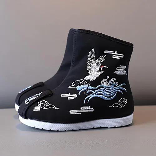 Miniatura 4 de 1-12T Botas de tacón alto para niños, zapatos de tela bordados, zapatos Hanfu para niños, botas de año chino, zapatillas para niñas