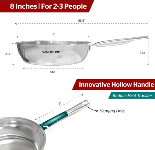 Miniatura 2 de Sunhouse Sartén de acero inoxidable 18/10 de 8 pulgadas, 3 capas revestidas sin revestimientos, sartén con mango Stay Cool, apto para horno