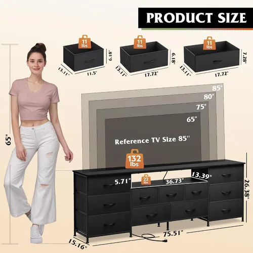 Miniatura 2 de WLIVE Soporte de TV de 75.5 pulgadas para TV de 65, 75, 80, 85 pulgadas, cómoda para dormitorio con tomas de corriente y luces LED, cómoda de tela