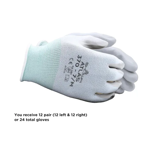 Miniatura 2 de SHOWA Atlas 370 - Guantes de trabajo de uso general con revestimiento de palma de nitrilo con forro de nailon, color blanco, talla S (12 pares)