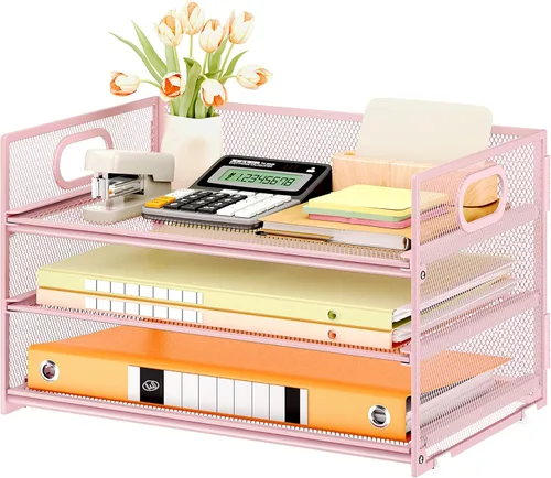 Miniatura 25 de SUBEKYU 2 paquetes de organizador de bandejas de cartas de 3 niveles para escritorio, organizador clasificador de archivos de malla metálica negra
