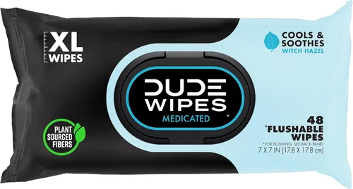 DUDE Toallitas – Toallitas desechables medicadas – 1 paquete, 48 toallitas – Toallitas húmedas extra grandes para adultos sin perfume – Hamamelis