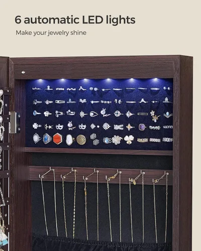 Miniatura 3 de SONGMICS Gabinete colgante de joyería, gabinete de pared con luces interiores LED, organizador de joyas montado en la puerta, espejo de cuerpo