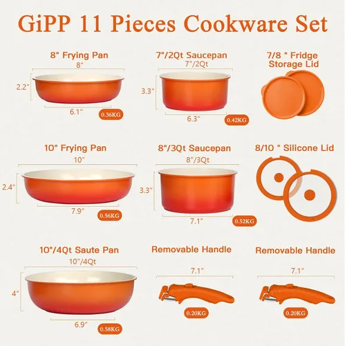 Miniatura 2 de GIPP Juego de 11 ollas y sartenes antiadherentes, juego de utensilios de cocina antiadherentes, mango desmontable, ollas de cerámica para cocinar