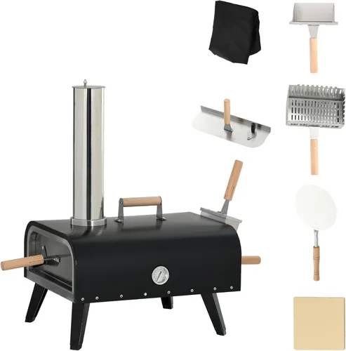 Outsunny Horno de pizza al aire libre con piedra de 12 pulgadas, pelar y cubrir, portátil de pellets de leña con patas plegables, parrilla de pizza