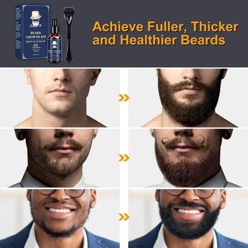 Miniatura 5 de Kit de crecimiento de barba, aceite para el crecimiento de la barba (2 onzas) con biotina y aceite de ricino, masajeador de barba para barba Azul