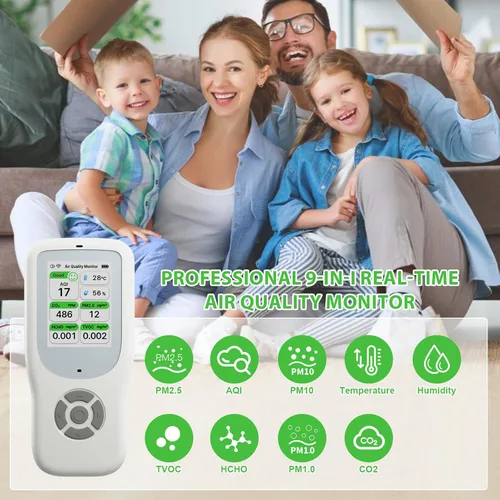Miniatura 2 de Monitor de calidad del aire interior 9 en 1, probador portátil de calidad del aire para PM1.0, PM2.5, PM10, CO2, TVOC, HCHO, AQI, temperatura
