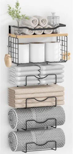 Miniatura 10 de Toalleros para baño, toallero montado en la pared, soporte para toallas de 6 niveles enrolladas o dobladas con estantes flotantes, portotoallas
