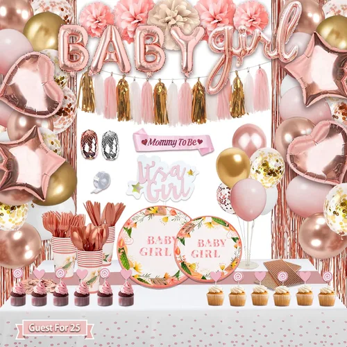 Guudmua 303 piezas de decoración de baby shower para niña, kit de decoración de baby shower para niña, juego de vajilla desechable con flores de oro